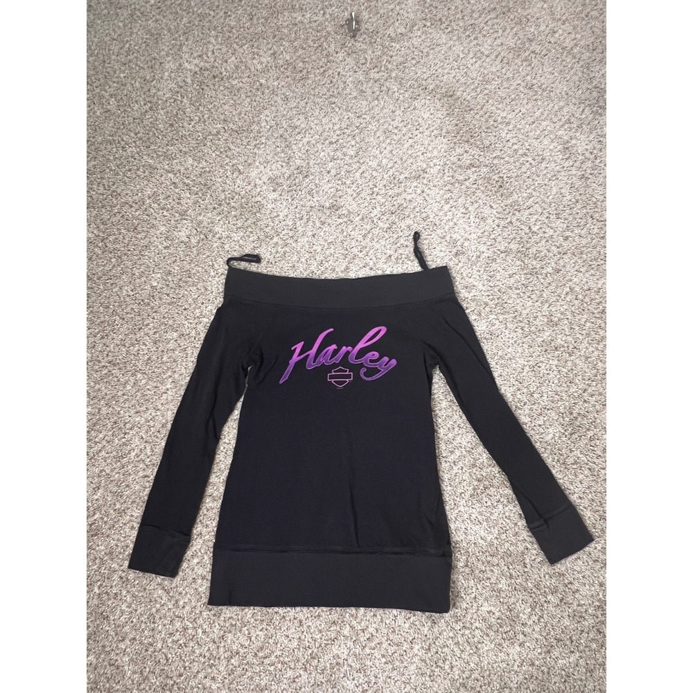 Harley-Davidson Womens Off The Shoulder Long Sleeve Top Black Purple Logo Small